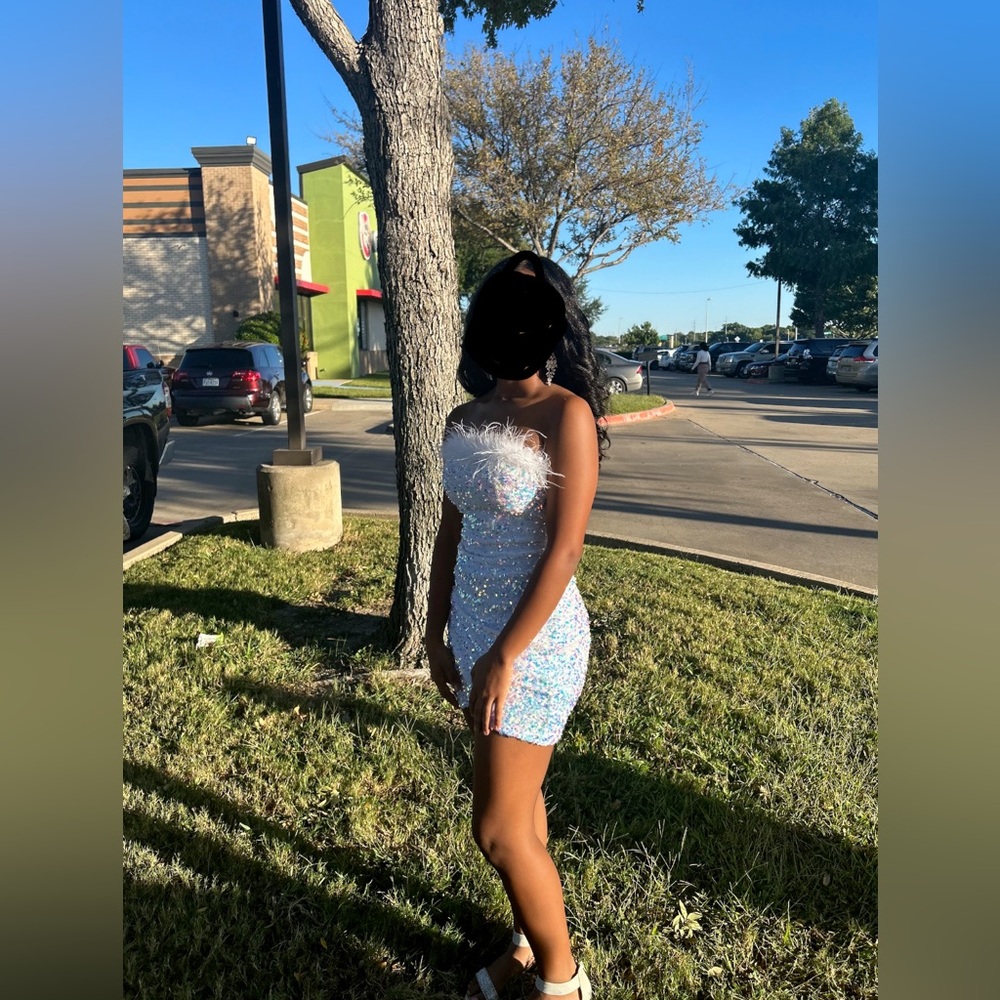 Strapless White Iridescent Feather top with Crossover Slit WORN ONCE at hoco!